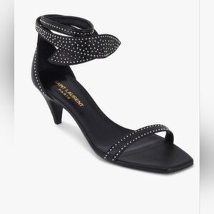 SAINT LAURENT Charlotte Black Studded Ankle Wrap Sandal / Heels Size 38 / US 8
